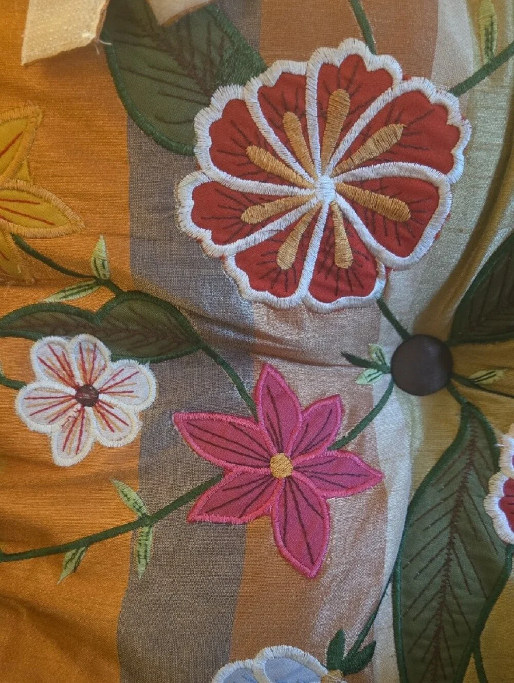 Pier 1 Embroidered Floral Accent Pillow in Gold and Orange. 100% Dupioni Silk.